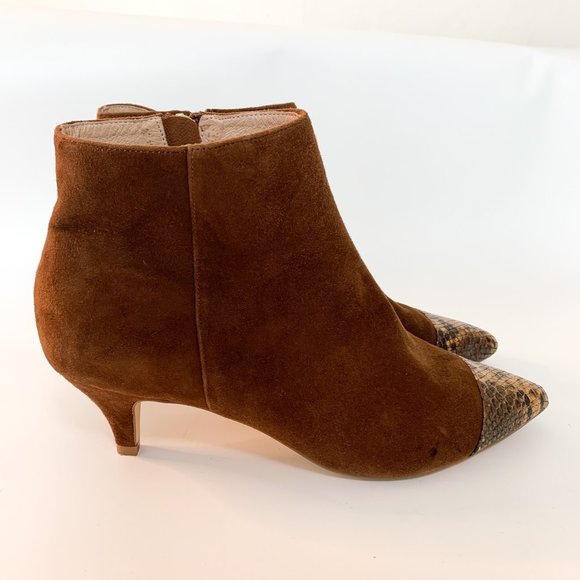 Anthropologie brown cognac pointy toe kitten heel snakeprint suede bootie 9.5 - Picture 1 of 8